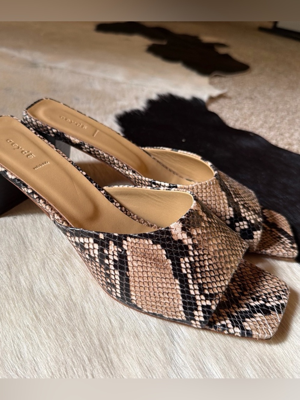 Aeyde Snake-Print Mules in Beige and Black